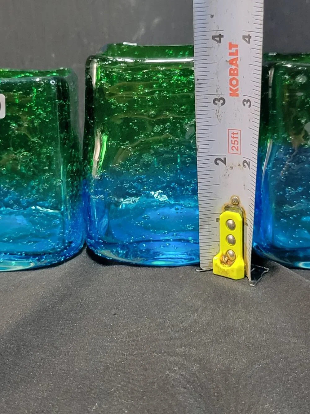 3 Beautiful Hand Blown Art Glass Half Blue Green Ombre Square Vases Votive Thick